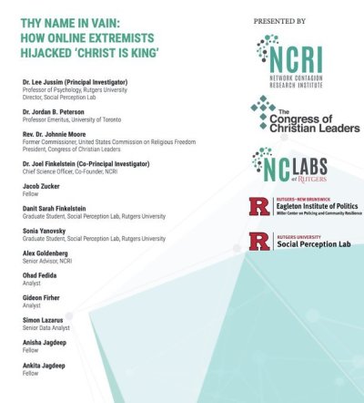 The cover page of the 'Thy Name in Vain: How Online Extremists Hijacked ‘Christ is King’' report names Rev. Johnnie Moore, Dr. Jordan Peterson, and other contributors. 