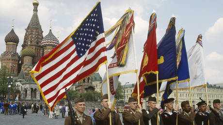 American Soldiers Parading at Red Square during Celebration of the End of World War II