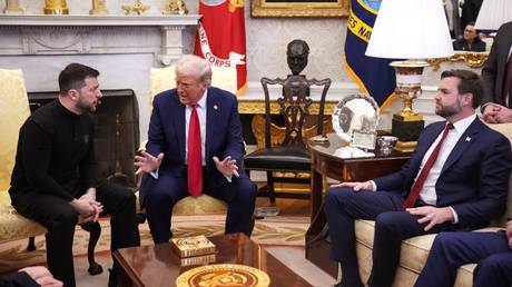 US President Donald Trump, VP J.D. Vance, and Ukrainian leader Vladimir Zelensky in the White House, Washington, DC, February 28, 2025.