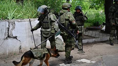 FILE PHOTO: Russian military explosives specialists search for mines.